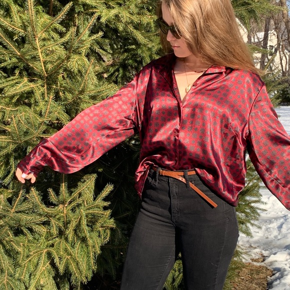 Silky burgundy PJ Style Button Up - Picture 3 of 4